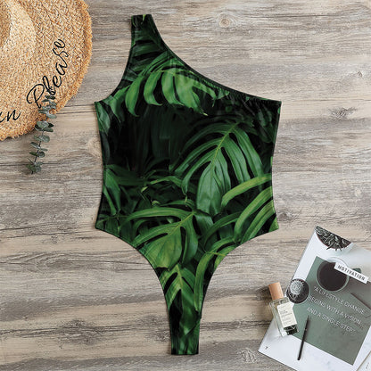 Green Monstera Leaf Print One Shoulder Bodysuit