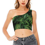 Green Monstera Leaf Print One Shoulder Crop Top