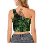 Green Monstera Leaf Print One Shoulder Crop Top