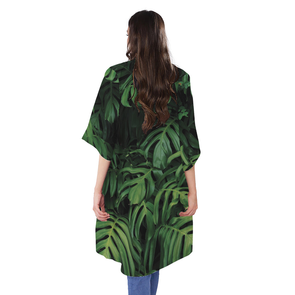 Green Monstera Leaf Print Open Front Beach Cover Up