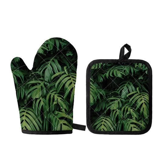 Green Monstera Leaf Print Oven Mitt And Pot Holder Set