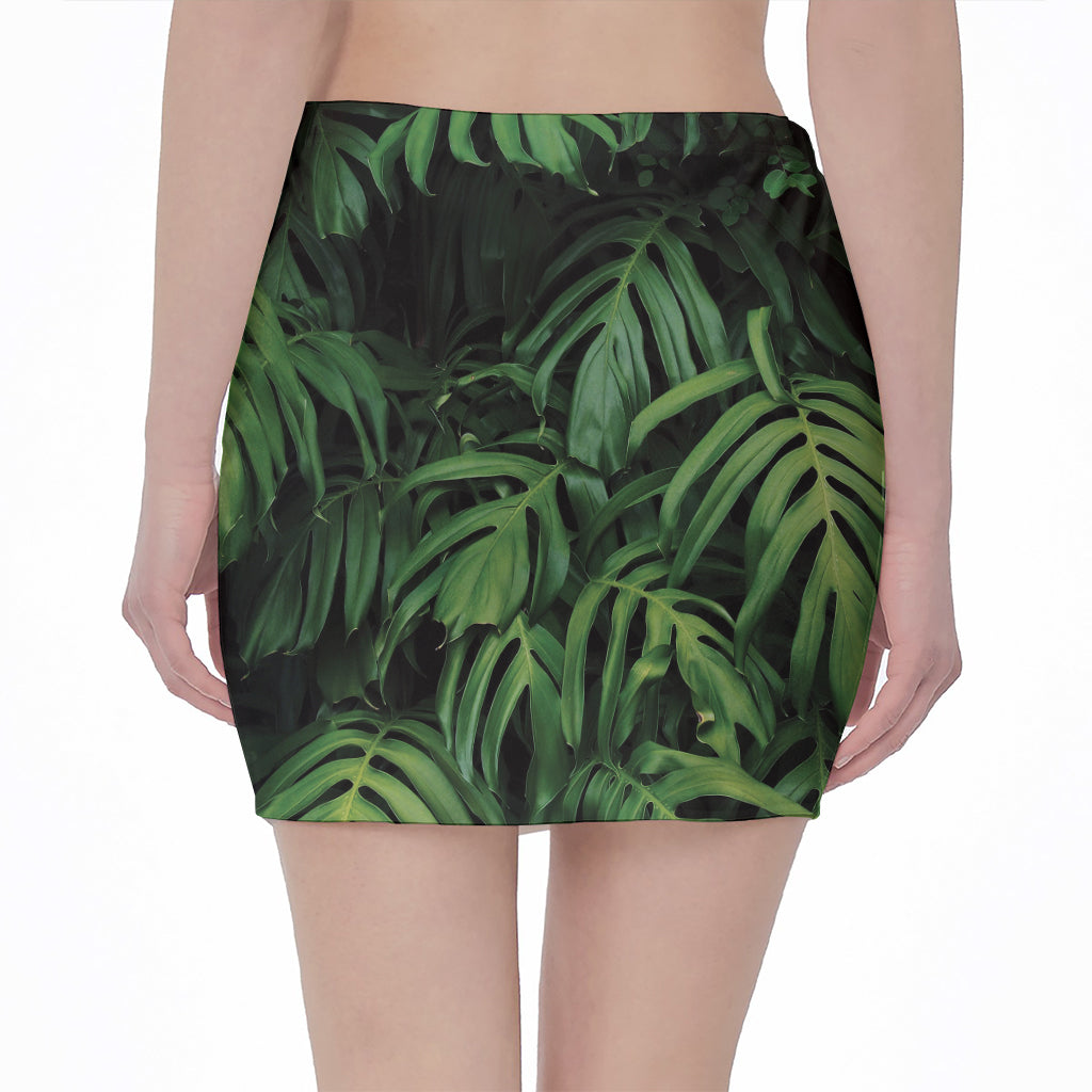 Green Monstera Leaf Print Pencil Mini Skirt