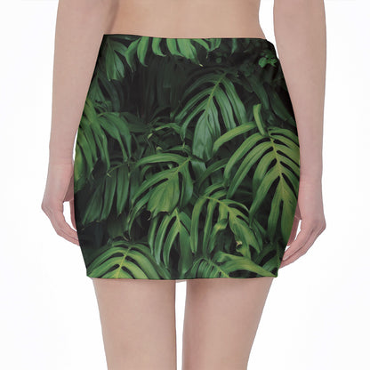 Green Monstera Leaf Print Pencil Mini Skirt