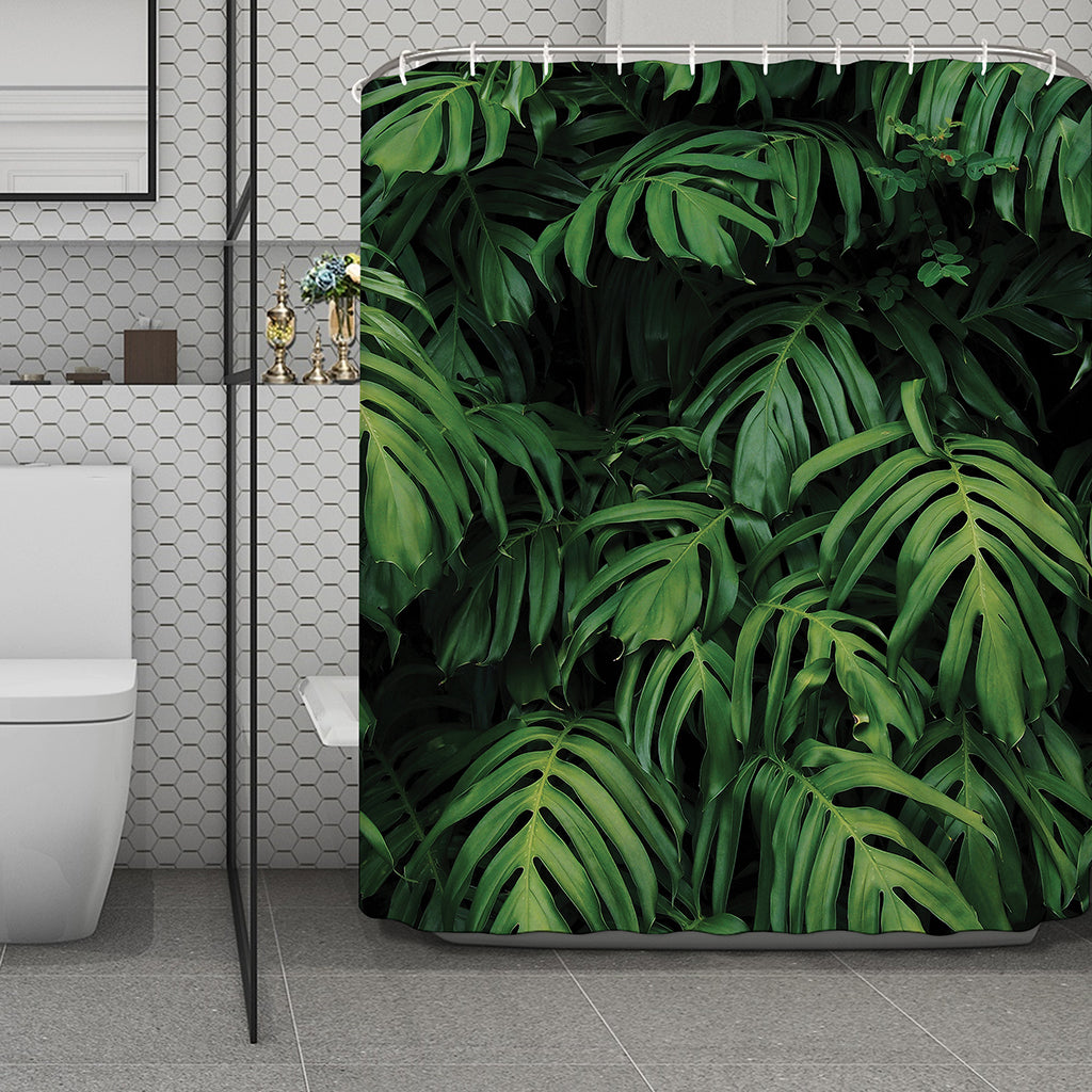 Green Monstera Leaf Print Polyester Shower Curtain