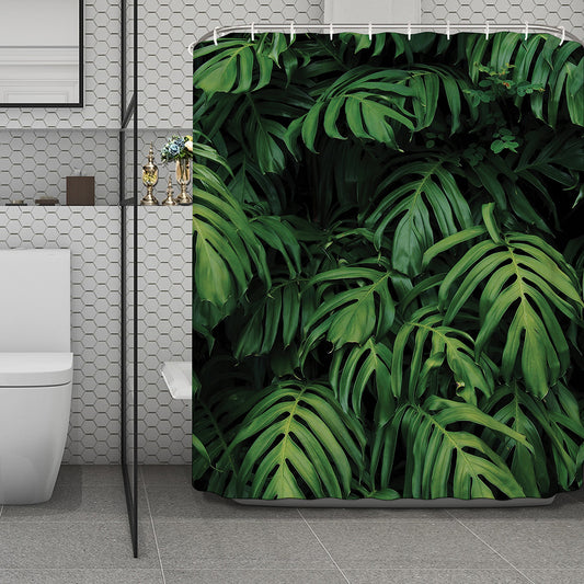 Green Monstera Leaf Print Polyester Shower Curtain
