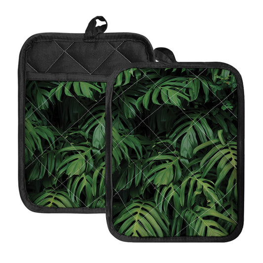 Green Monstera Leaf Print Pot Holders With Pocket