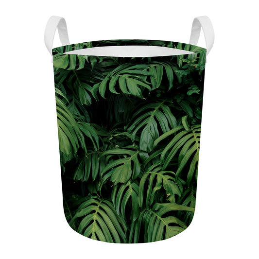Green Monstera Leaf Print Round Laundry Basket