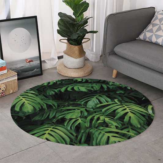 Green Monstera Leaf Print Round Rug