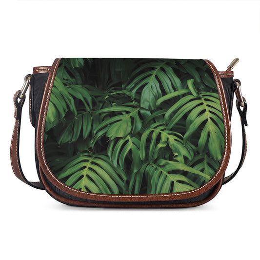 Green Monstera Leaf Print Saddle Bag
