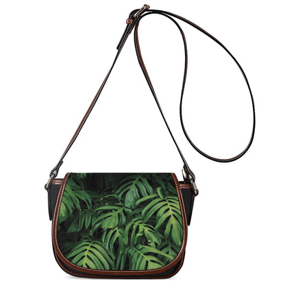 Green Monstera Leaf Print Saddle Bag