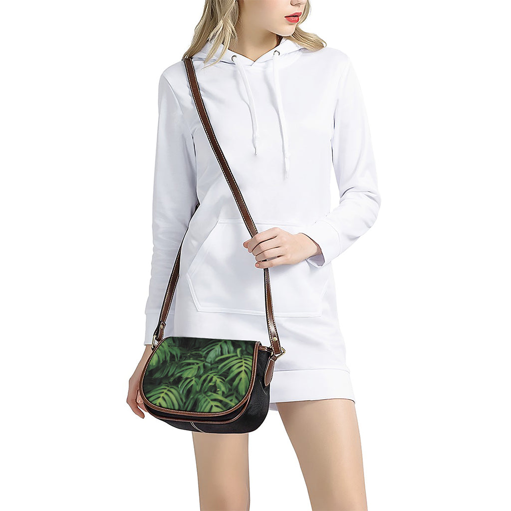 Green Monstera Leaf Print Saddle Bag