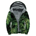 Green Monstera Leaf Print Sherpa Lined Zip Up Hoodie