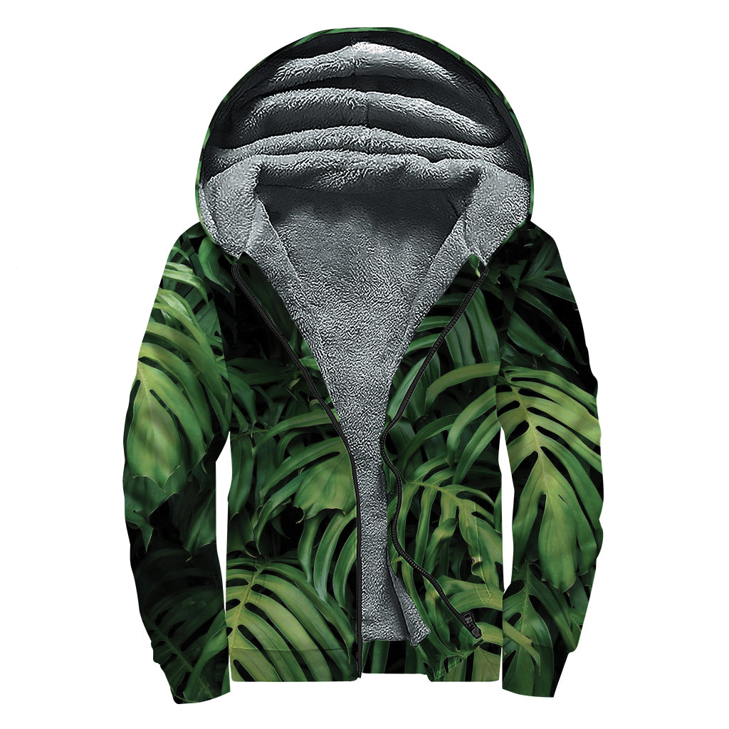 Green Monstera Leaf Print Sherpa Lined Zip Up Hoodie