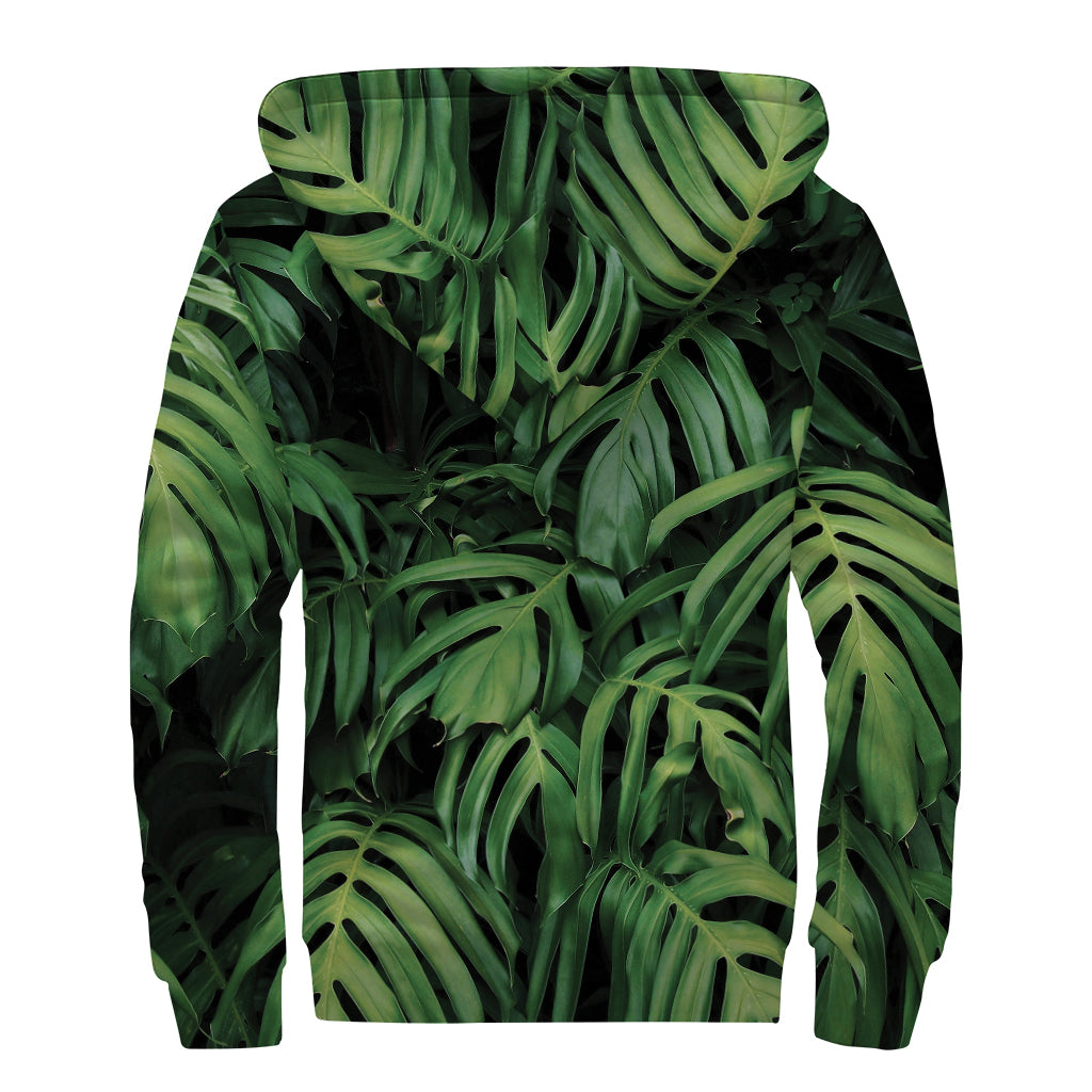 Green Monstera Leaf Print Sherpa Lined Zip Up Hoodie