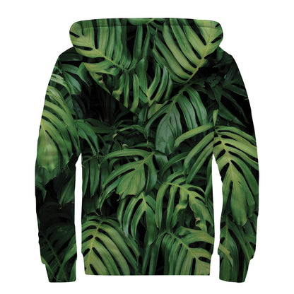 Green Monstera Leaf Print Sherpa Lined Zip Up Hoodie
