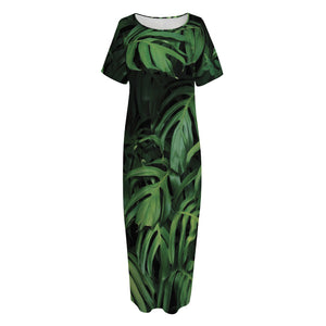 Green Monstera Leaf Print Short Sleeve Long Nightdress