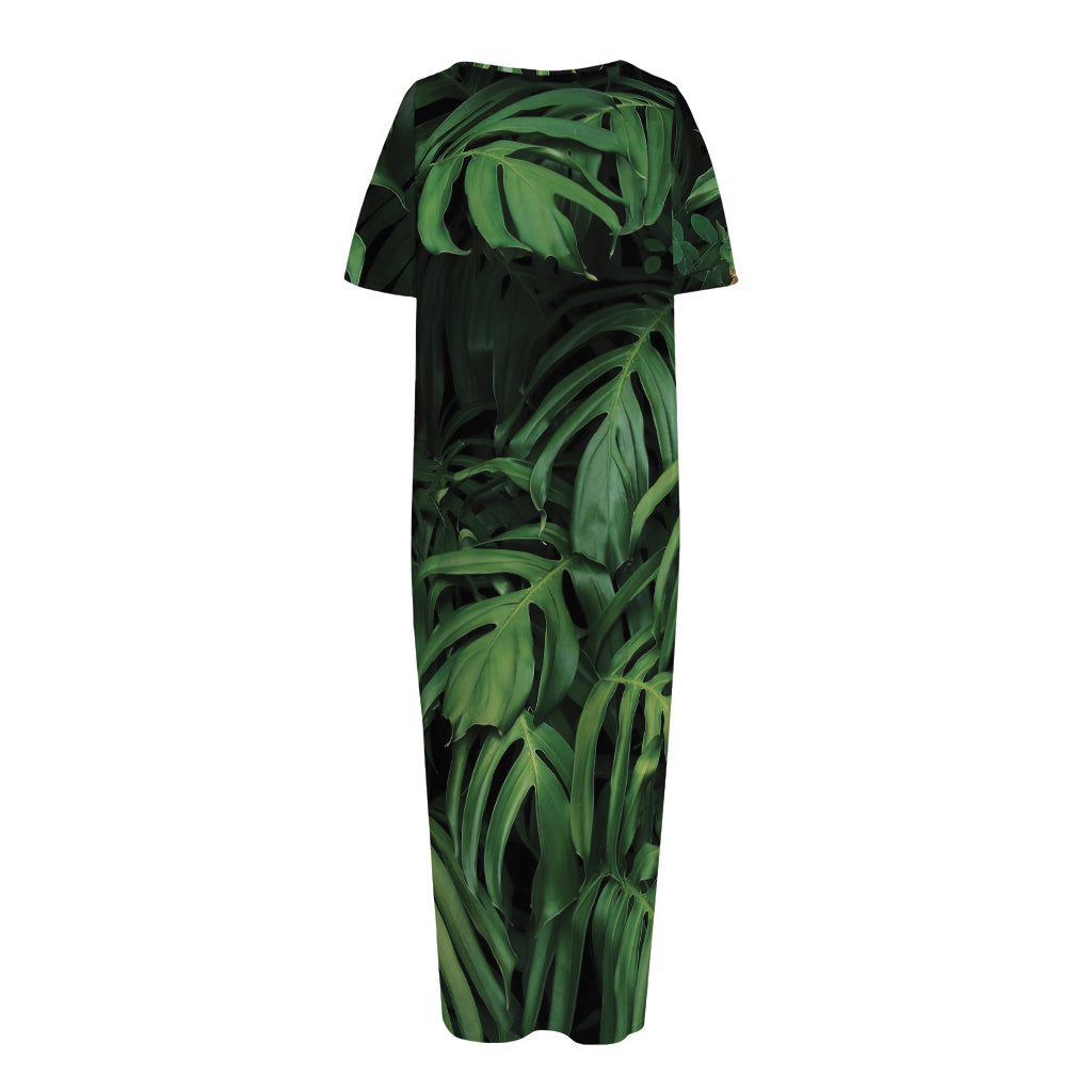 Green Monstera Leaf Print Short Sleeve Long Nightdress