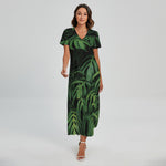 Green Monstera Leaf Print Short Sleeve Maxi Dress
