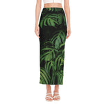 Green Monstera Leaf Print Side Slit Maxi Skirt