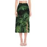 Green Monstera Leaf Print Side Slit Midi Skirt