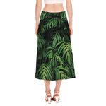 Green Monstera Leaf Print Side Slit Midi Skirt