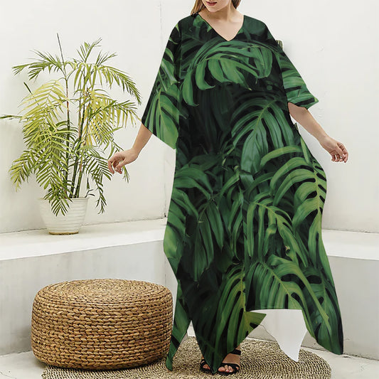 Green Monstera Leaf Print Silk V-Neck Kaftan Dress