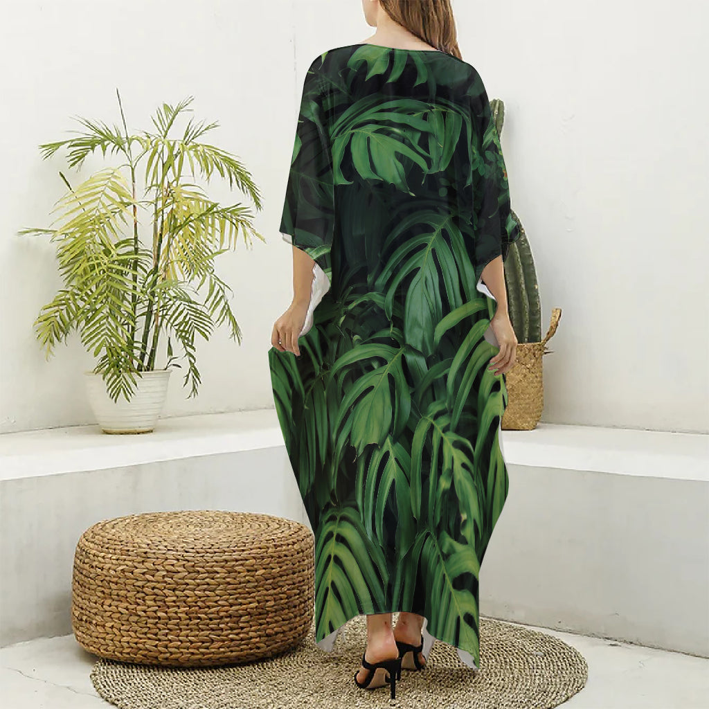 Green Monstera Leaf Print Silk V-Neck Kaftan Dress