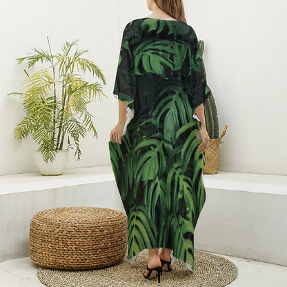 Green Monstera Leaf Print Silk V-Neck Kaftan Dress