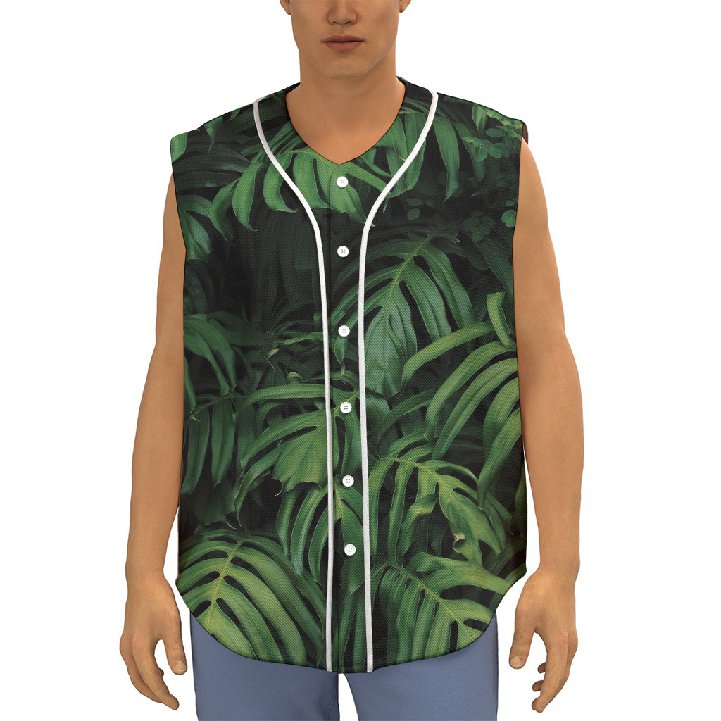 Green Monstera Leaf Print Sleeveless Baseball Jersey