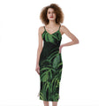Green Monstera Leaf Print Slim Fit Midi Cami Dress