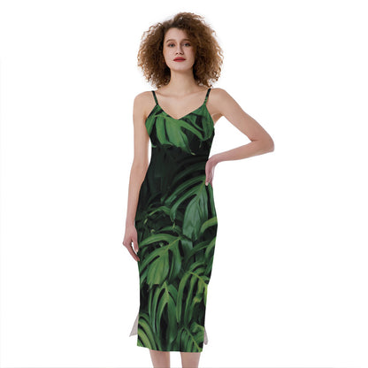 Green Monstera Leaf Print Slim Fit Midi Cami Dress