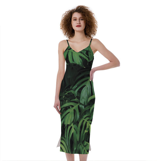 Green Monstera Leaf Print Slim Fit Midi Cami Dress