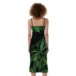 Green Monstera Leaf Print Slim Fit Midi Cami Dress