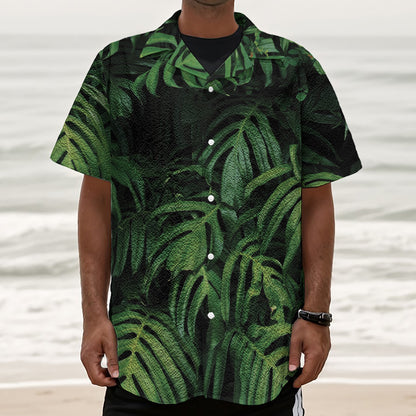 Green Monstera Leaf Print Textured Short Sleeve Shirt