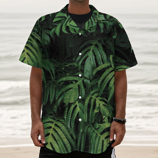 Green Monstera Leaf Print Textured Short Sleeve Shirt