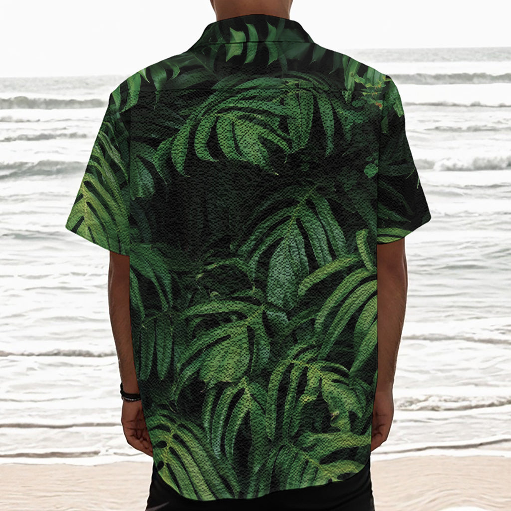 Green Monstera Leaf Print Textured Short Sleeve Shirt