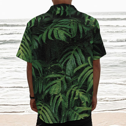 Green Monstera Leaf Print Textured Short Sleeve Shirt