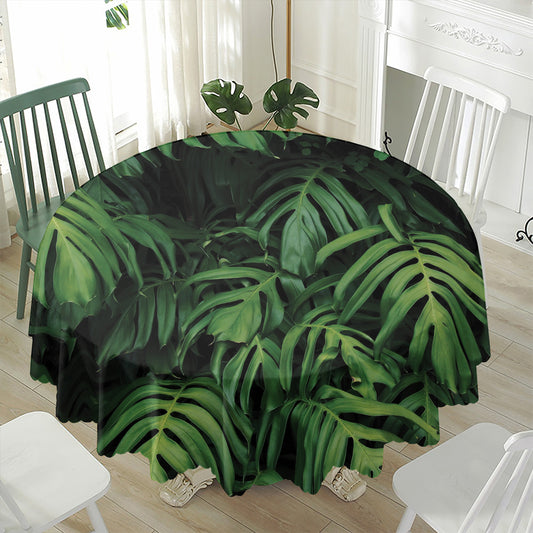 Green Monstera Leaf Print Waterproof Round Tablecloth