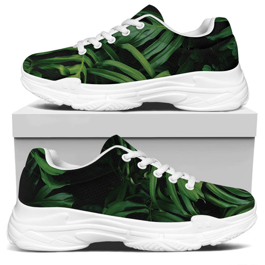 Green Monstera Leaf Print White Chunky Shoes