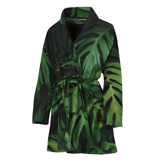 Green Monstera Leaf Print Women's Bathrobe