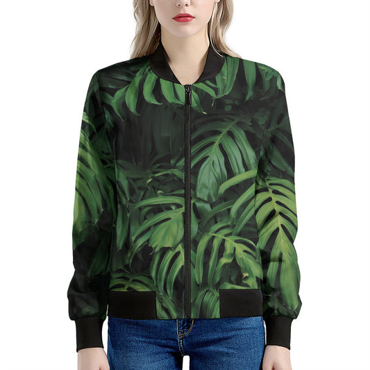 Green Monstera Leaf Print Women's Bomber Jacket