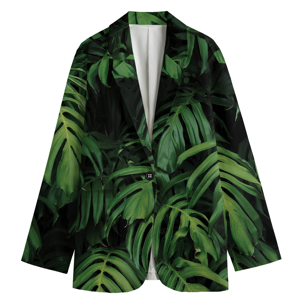 Green Monstera Leaf Print Women's Cotton Blazer