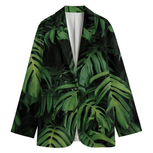Green Monstera Leaf Print Women's Cotton Blazer