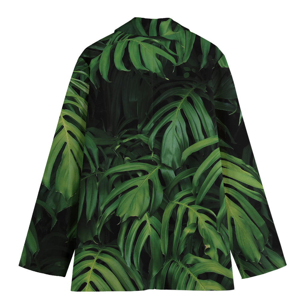 Green Monstera Leaf Print Women's Cotton Blazer