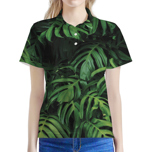 Green Monstera Leaf Print Women's Polo Shirt
