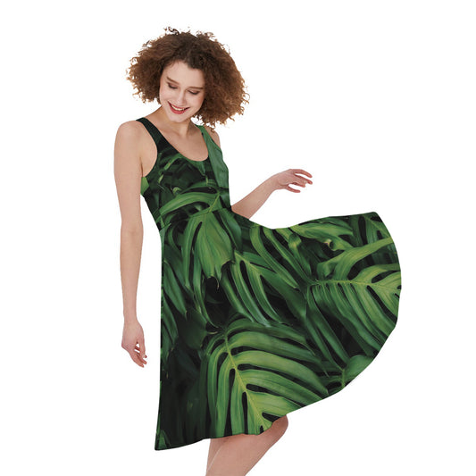 Green Monstera Leaf Print Women's Sleeveless Dress