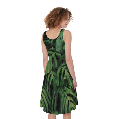 Green Monstera Leaf Print Women's Sleeveless Dress