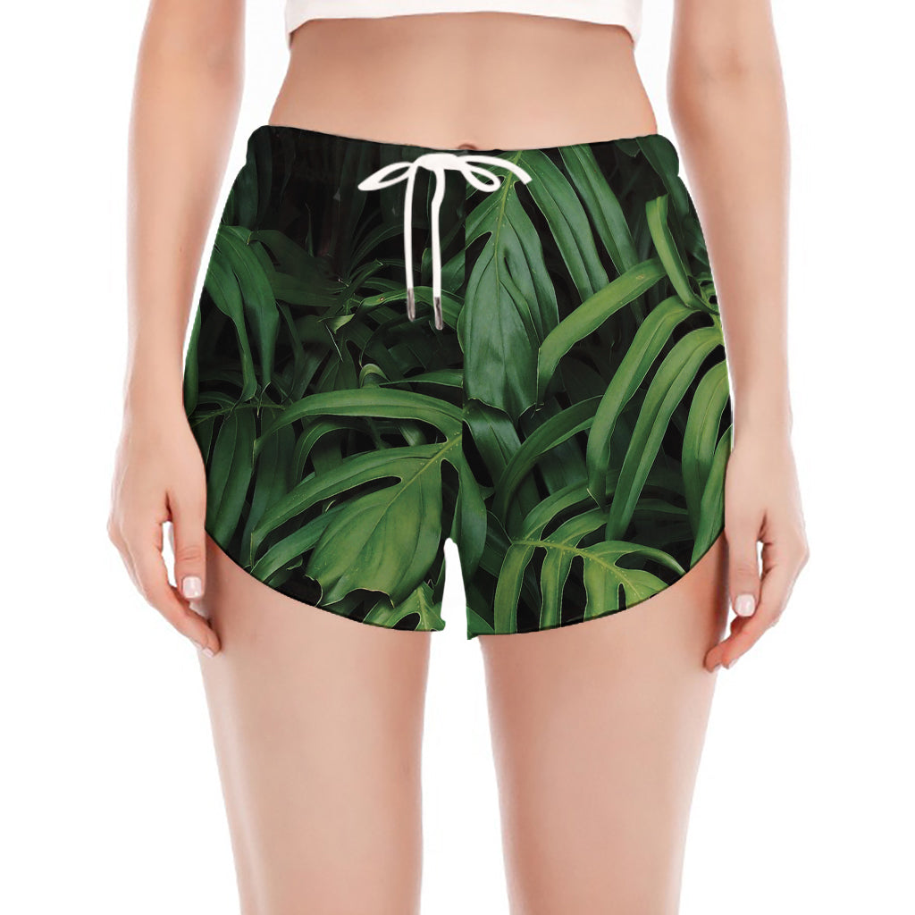Green Monstera Leaf Print Women's Split Running Shorts