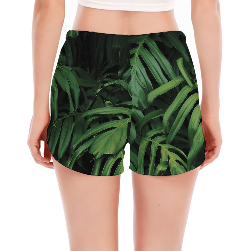 Green Monstera Leaf Print Women's Split Running Shorts
