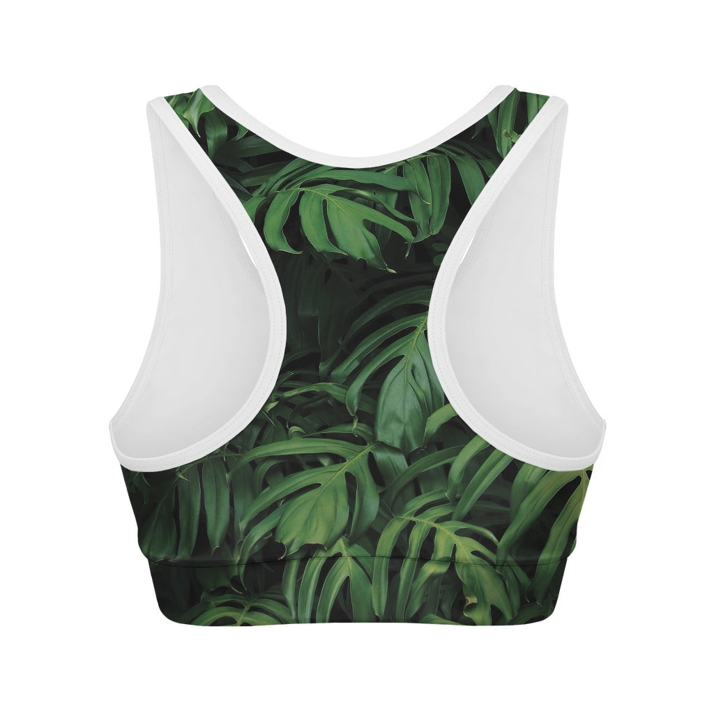 Green Monstera Leaf Print Women's Sports Bra